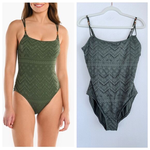 NWT La Blanca Women's Salt Eyelet One-Piece Swimsuit in Olive Green Size 12 - Picture 1 of 12